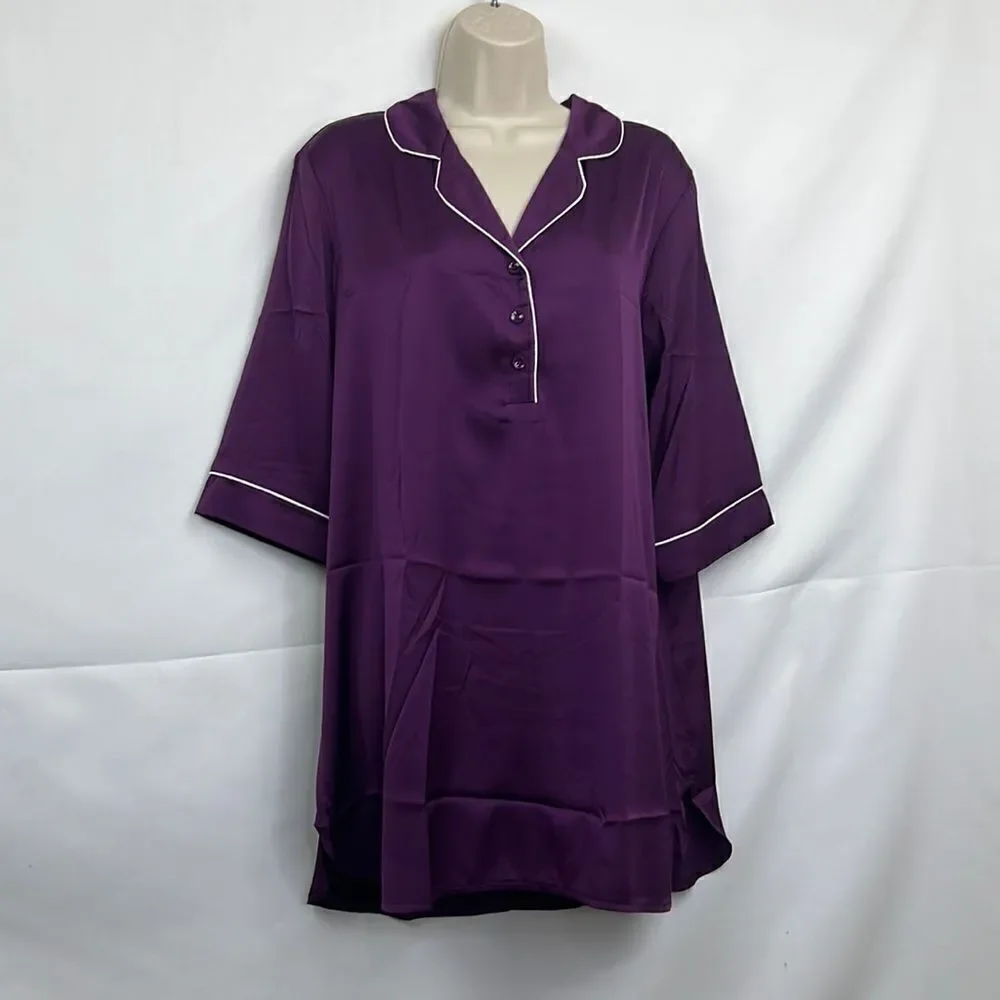 EKouaer Purple with white piping satin night shirt gown NWT size small